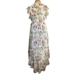 Womens Large High‎ Low Dress Floral White Pink Purple Tie Waist Flutter Sleeve